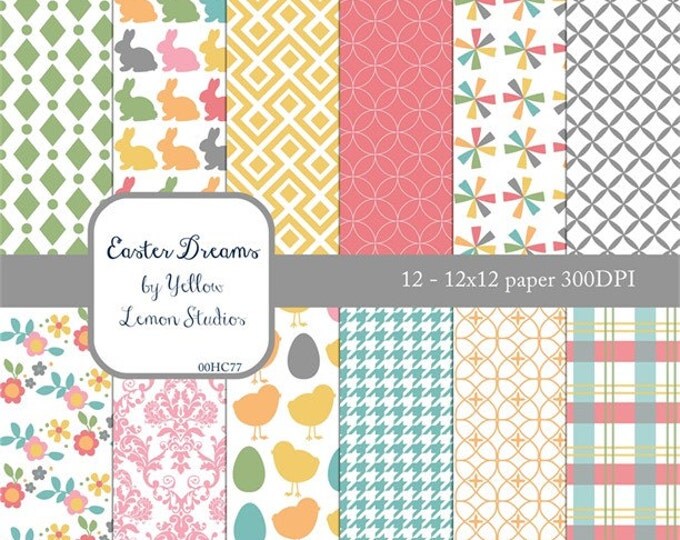 Pastel Easter papers "EASTER DREAMING" Easter bunny, egg, cute, Digital Scrapbook Paper, Green, yellow, orange, turquoise, pink, baby chick