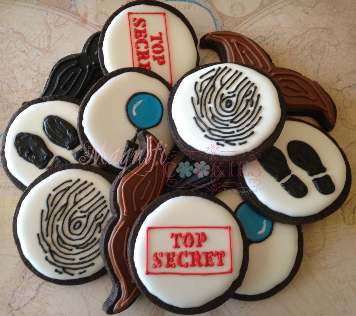 Detective Mystery Spy themed decorated cookies by Magnificookies