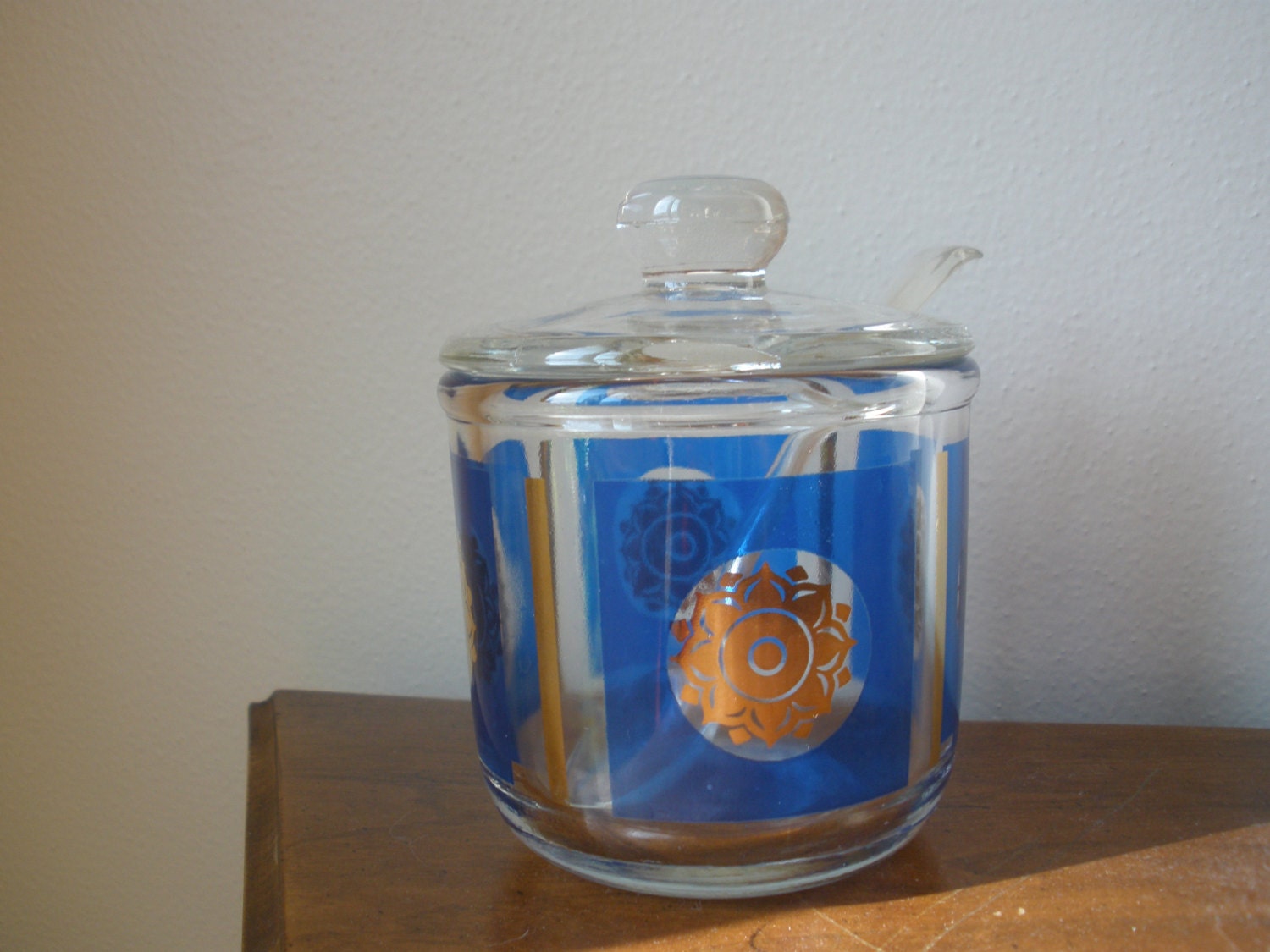 Vintage Glass Jelly Jam Jar with Spoon Mid Century Blue and Gold