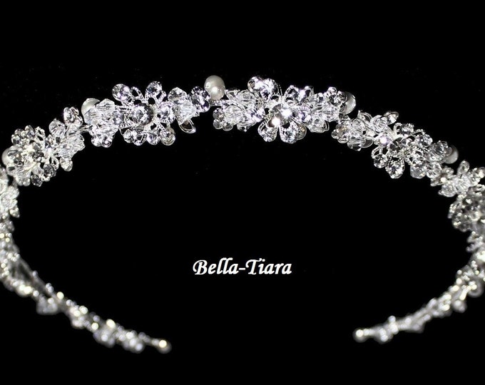 swarovski crystal headband, wedding headpiece, wedding headband, bridal ribbon headband, ivory pearl wedding headpiece