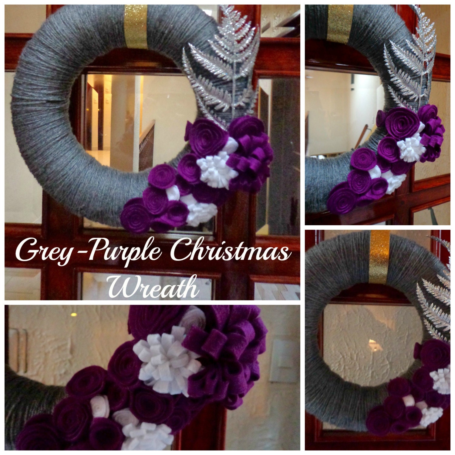 Christmas Wreath - 13 inch - Grey Yarn Wrapped Wreath with White and Purple Felt Flowers with a silver feather accent. Wreath