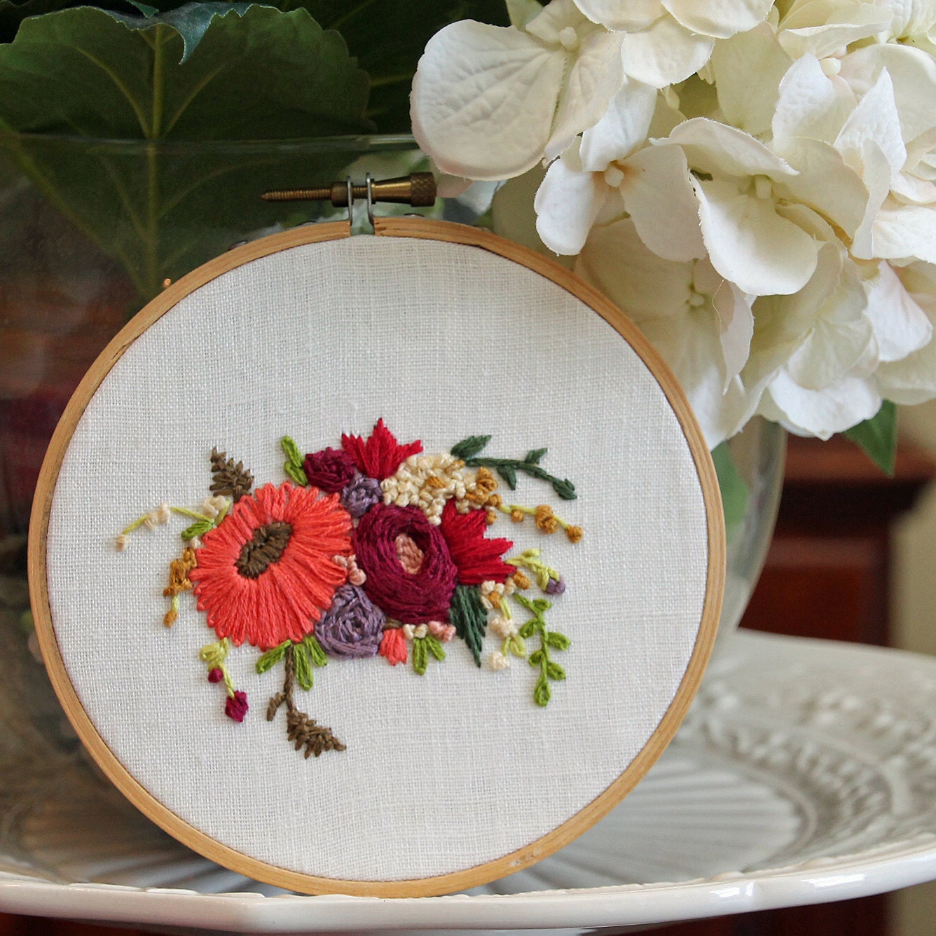 Pink and Red Flowers Embroidery Hoop Art by IttyBittyBunnies