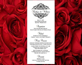 Wedding Menu Card "Grace" Black & White Printable Template Editable Word.doc Instant Download ALL COLORS Available DIY You Print