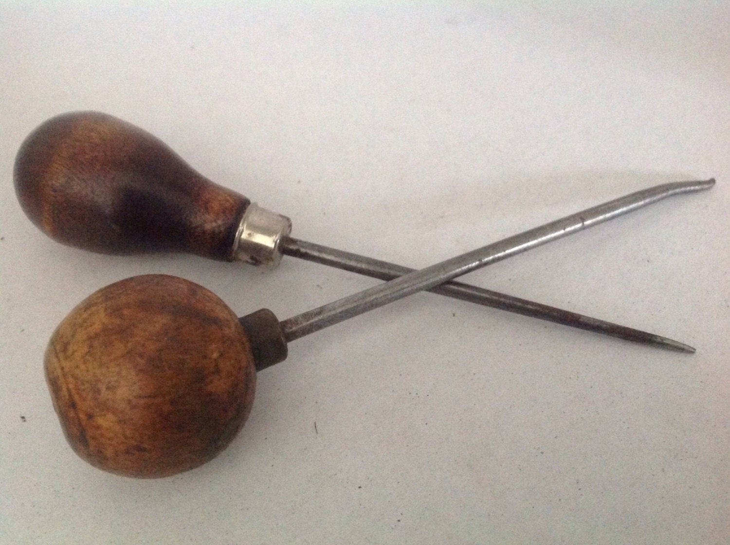 Pair of vintage wood metal woodworking awl tool leather poker