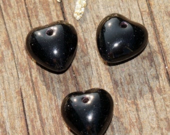 Opaque Black Heart Beads Glass Heart Beads Black Valentine Beads Black Valentines Beads Czech Glass Bohemian Halloween Beads 9mm 14pc