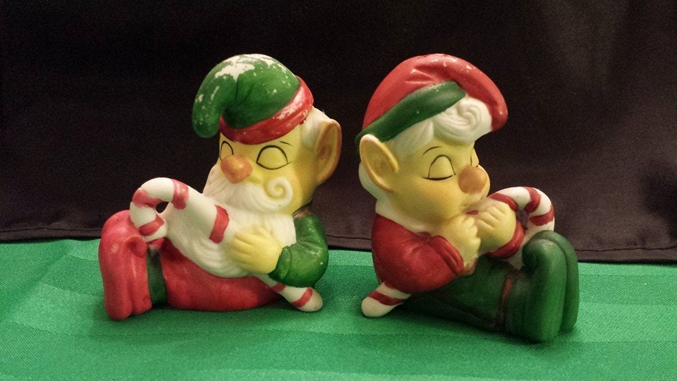Vintage Christmas Elf Salt and Pepper Shakers/ Elves with Candy Cane