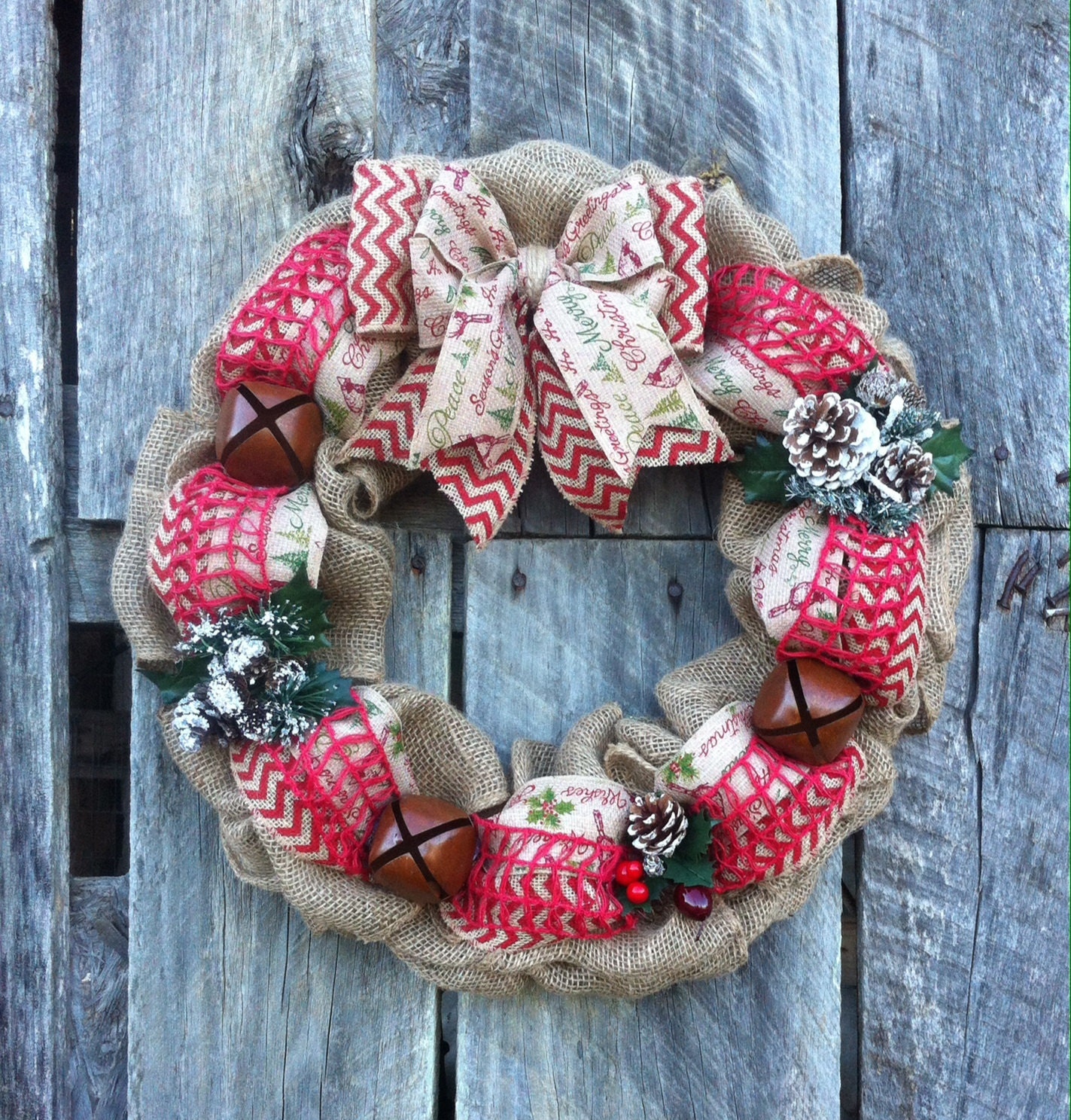 Burlap christmas wreath, christmas wreath, rustic christmas decor, red burlap wreath with berries , and JINGLE BELLS, christmas door hanger