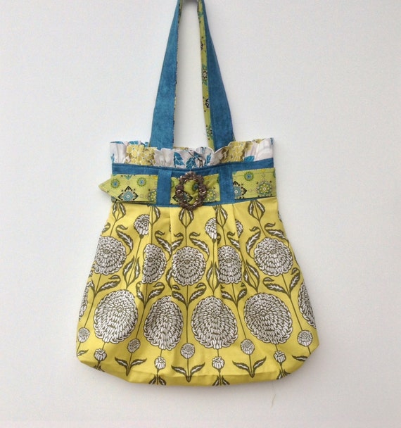 Citron teal fabric handbag,Pleated handbag,fabric handbag,large tote ...