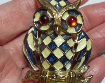 KJL Enamel Rhinestone Owl Brooch
