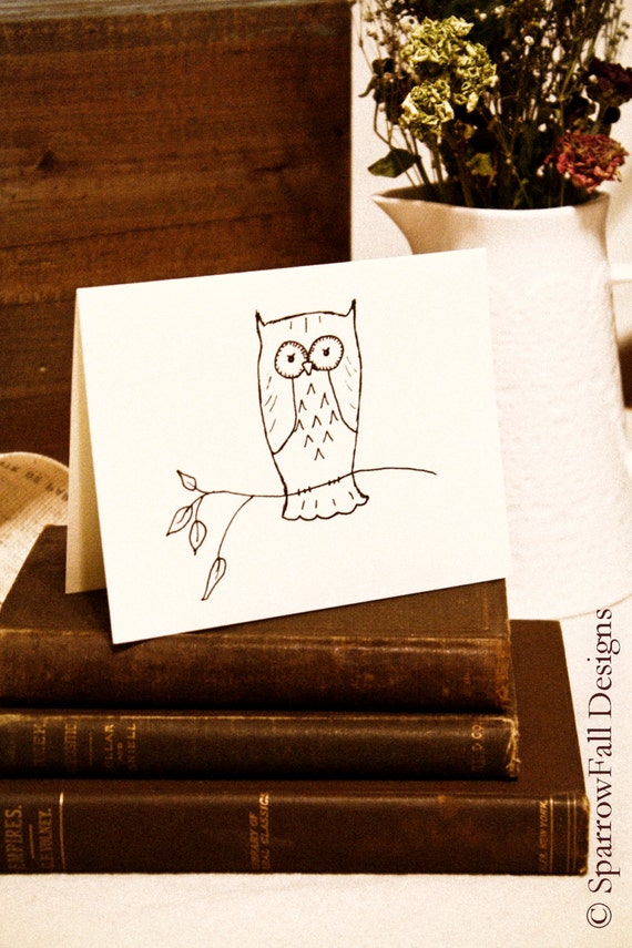 Owl Note Card Set -  Garden Whimsy Note Card - Set of Six Blank Linen Paper Note Cards with Linen Envelopes