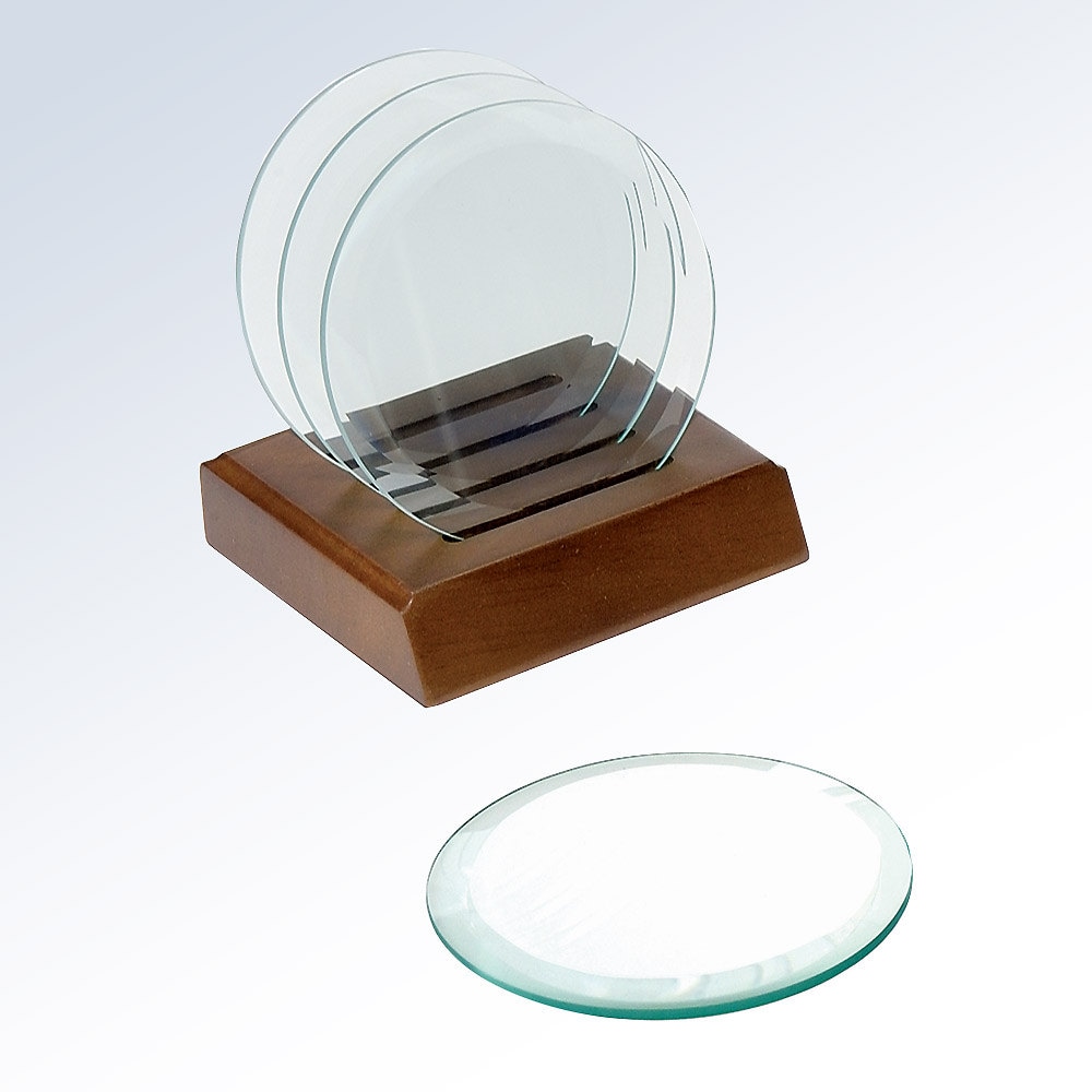 Set of 4 Glass Circle Coasters with Holder by GuardianLaser
