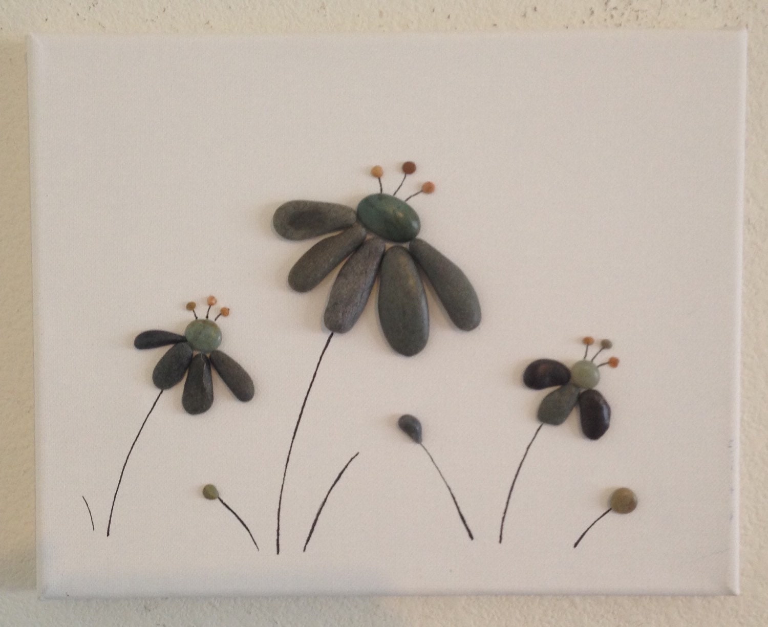 Pebble Art/ Flowers/ Canvas Art/ Beach Decor/ Home Decor/ Pen