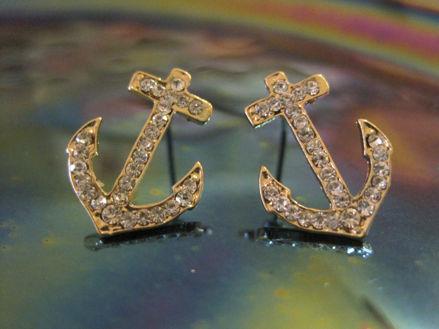 Gold Anchor Earrings Stud Earrings Rhinestone Anchor