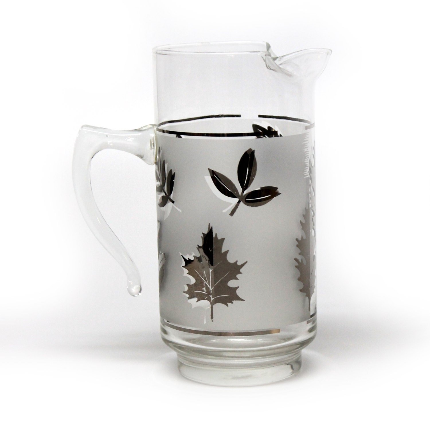Small frosted glass cocktail pitcher with silver leaf design