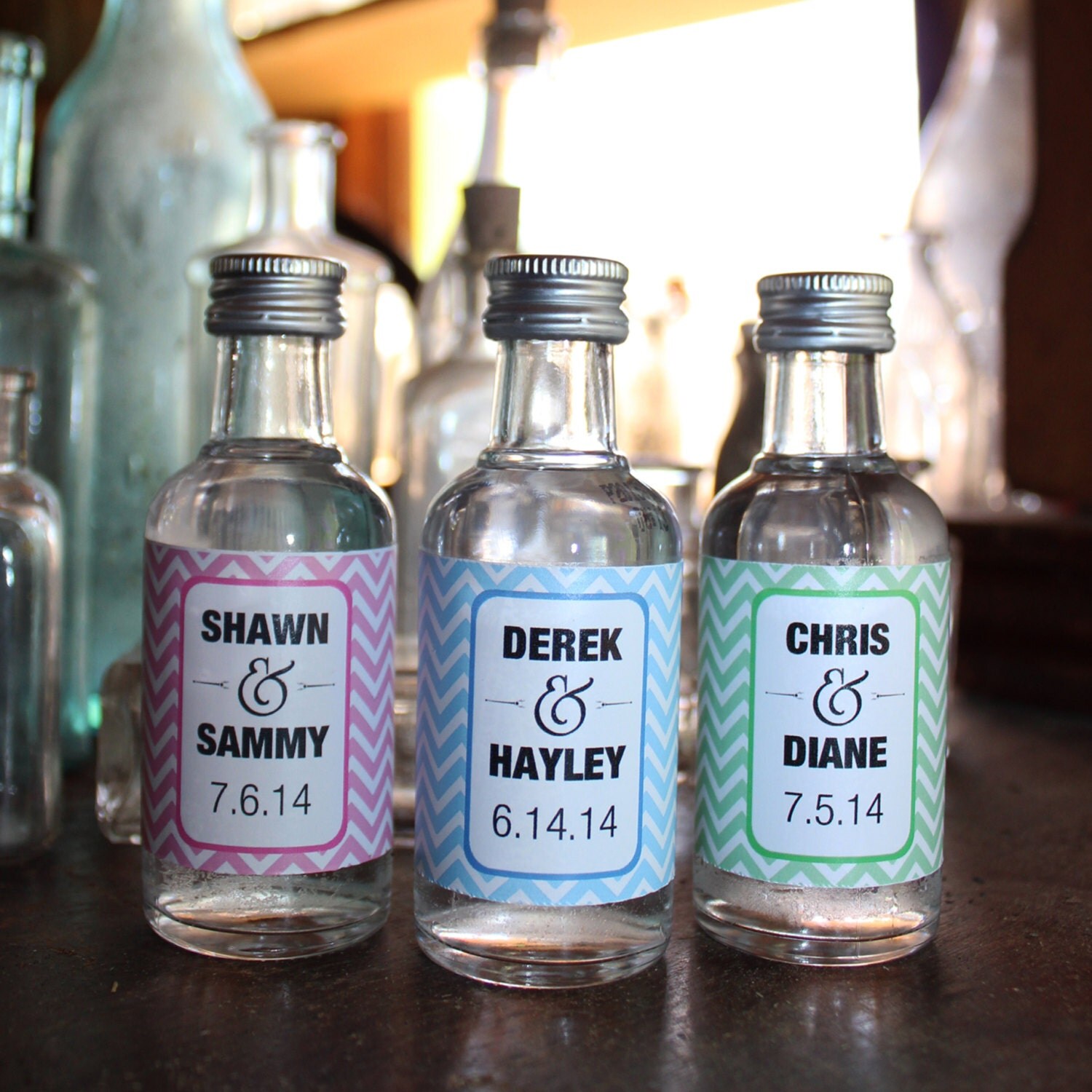 25 Vinyl Wrapped mini liquor bottle labels Wedding Favor