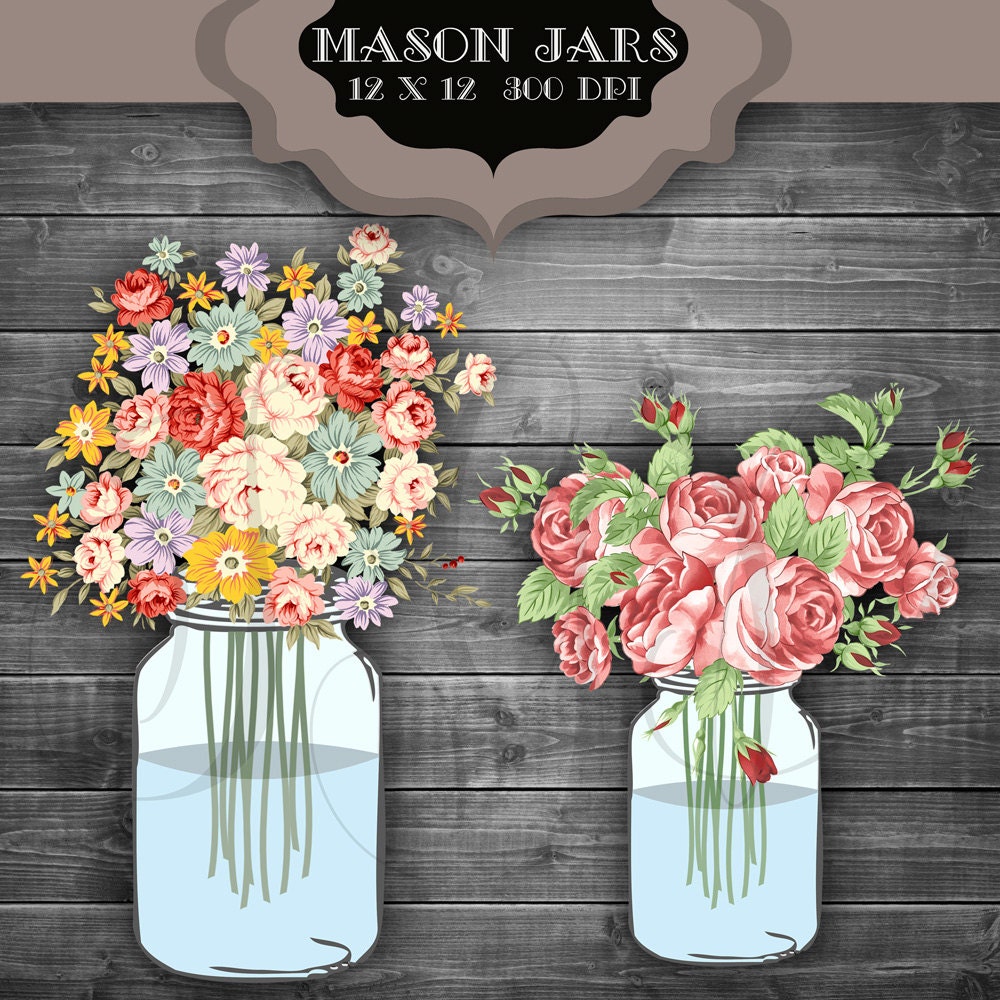 Wedding Clip Art Mason Jar Bouquet Digital Clipart Vintage