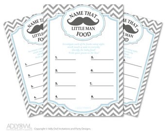 Little Man Mustache Name That Food, Baby Food guess Game Printable Card for Baby Mustache Shower DIY Grey Blue Chevron - oz57bs25