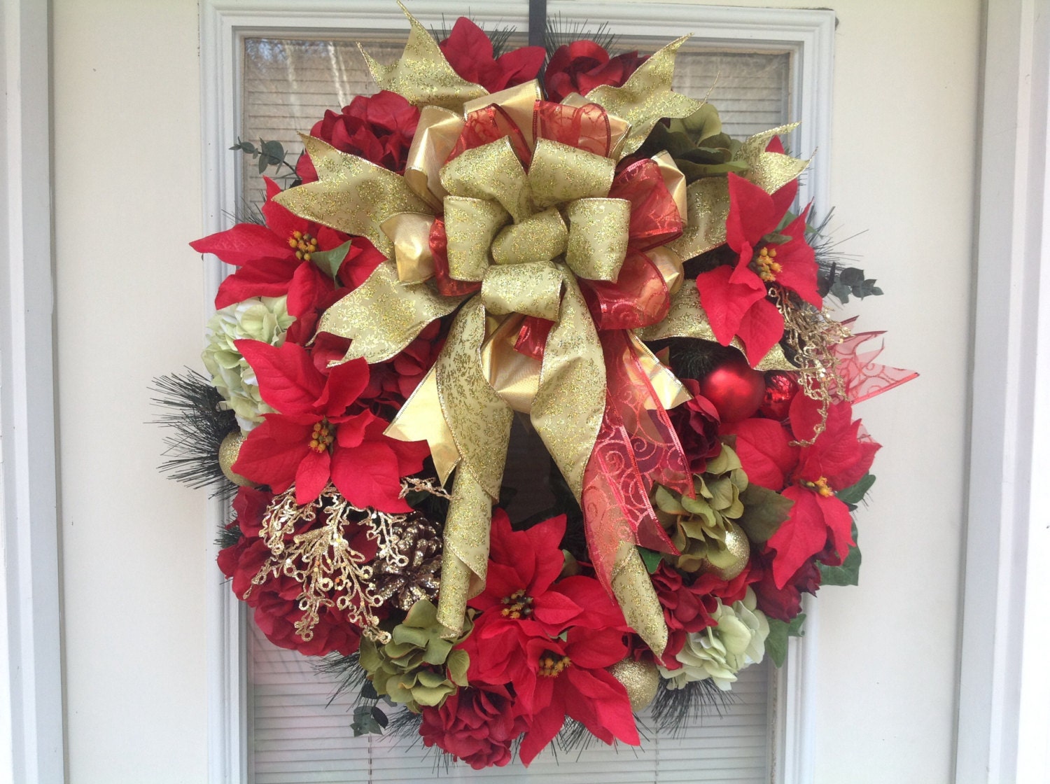 Christmas wreath, Red Poinsettia Wreath, Large Christmas Wreath, Glitter Wreath, Large Bow Wreath