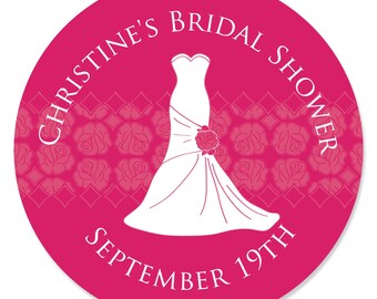 24 Wedding Dress Pink Circle Stickers - Personalized Bridal Shower DIY Craft Supplies