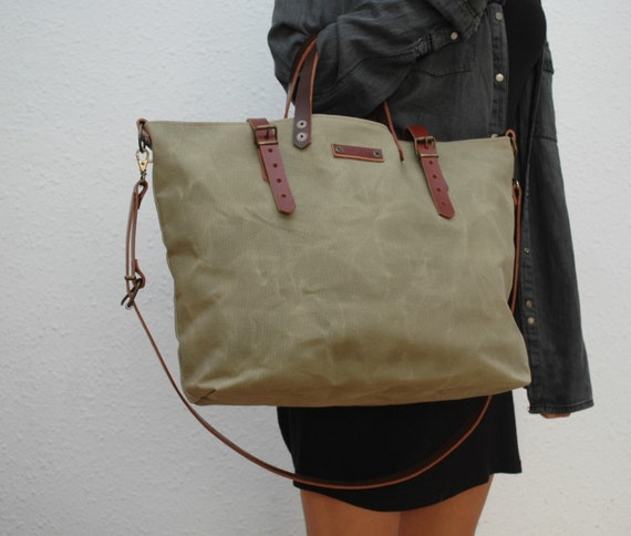 waxed canvas bag with leather handles and by NATURALHERITAGEBAGS