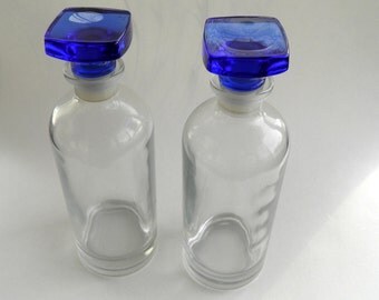 Vintage Heavy Glass Matching Decanters with Cobalt Blue Glass Stoppers