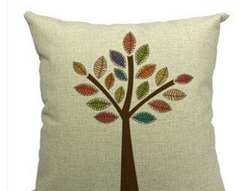 Linen multicolored tree pillow cover