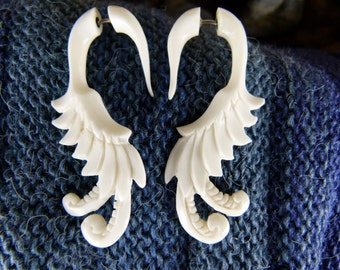 Bone White Hanger Earrings Fake Gauge - Made for regular pierced ears White Earrings - Bone Earrings - Fake Gauged Carved Earrings *C028