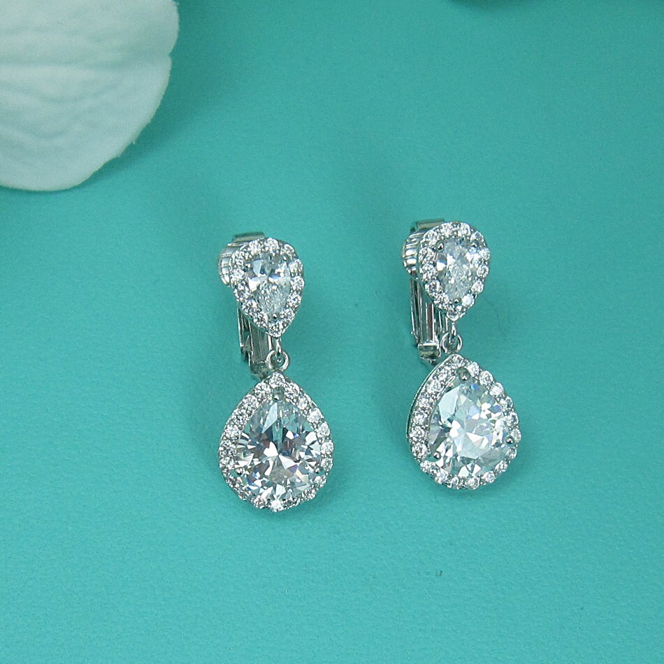 Clip on CZ earrings pear cubic zirconia earrings clip on