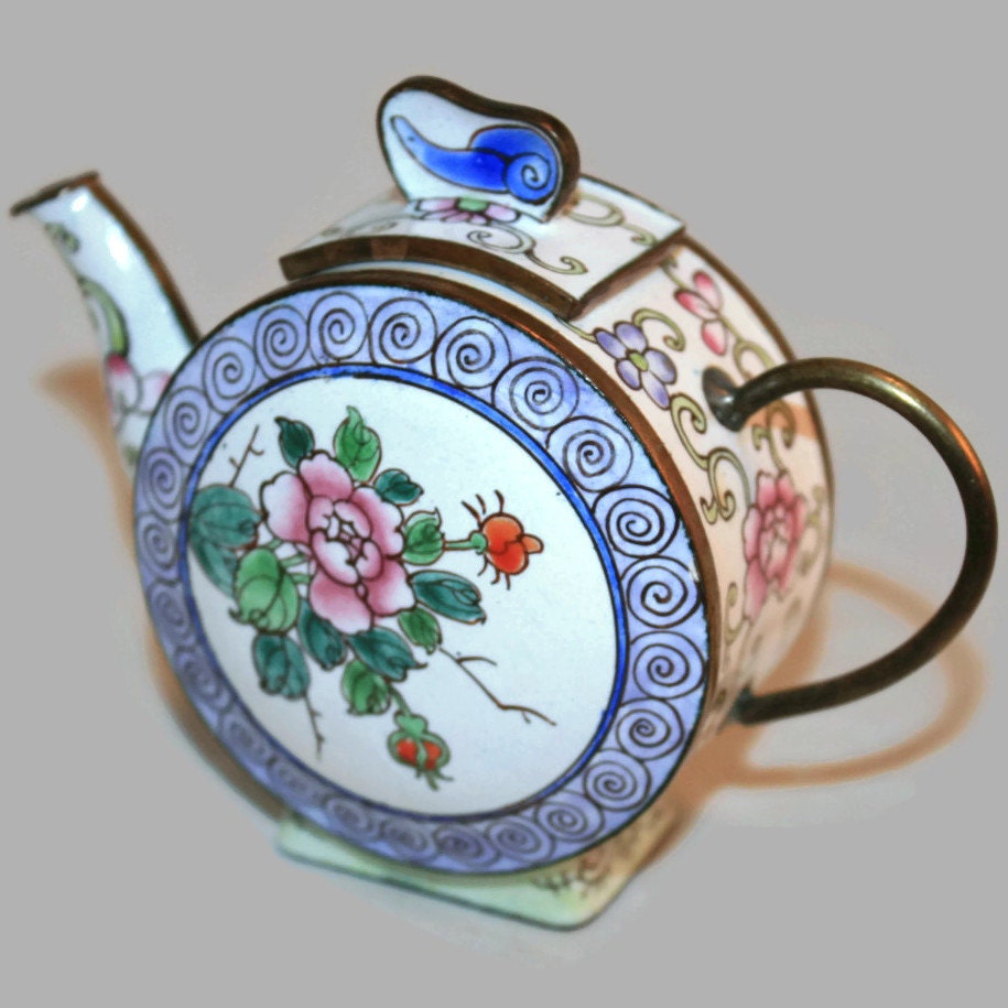Miniature Enamel Floral Handpainted Metal Teapot Beautiful