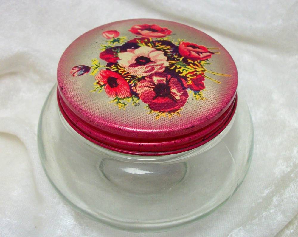 Glass Vanity Jar with Floral Lid Vintage 40s by ArtfulLivingOTB