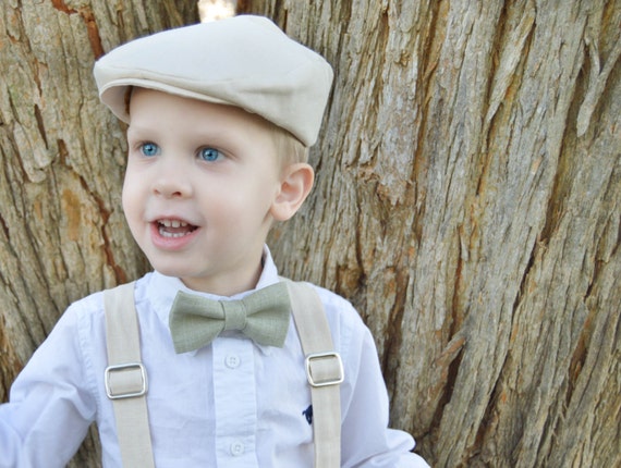 Ivory Hat , Suspenders and Green Bow Tie ; Boy Green Bow Tie ; Green Wedding Bow Tie ; Ring Bearer Outfit