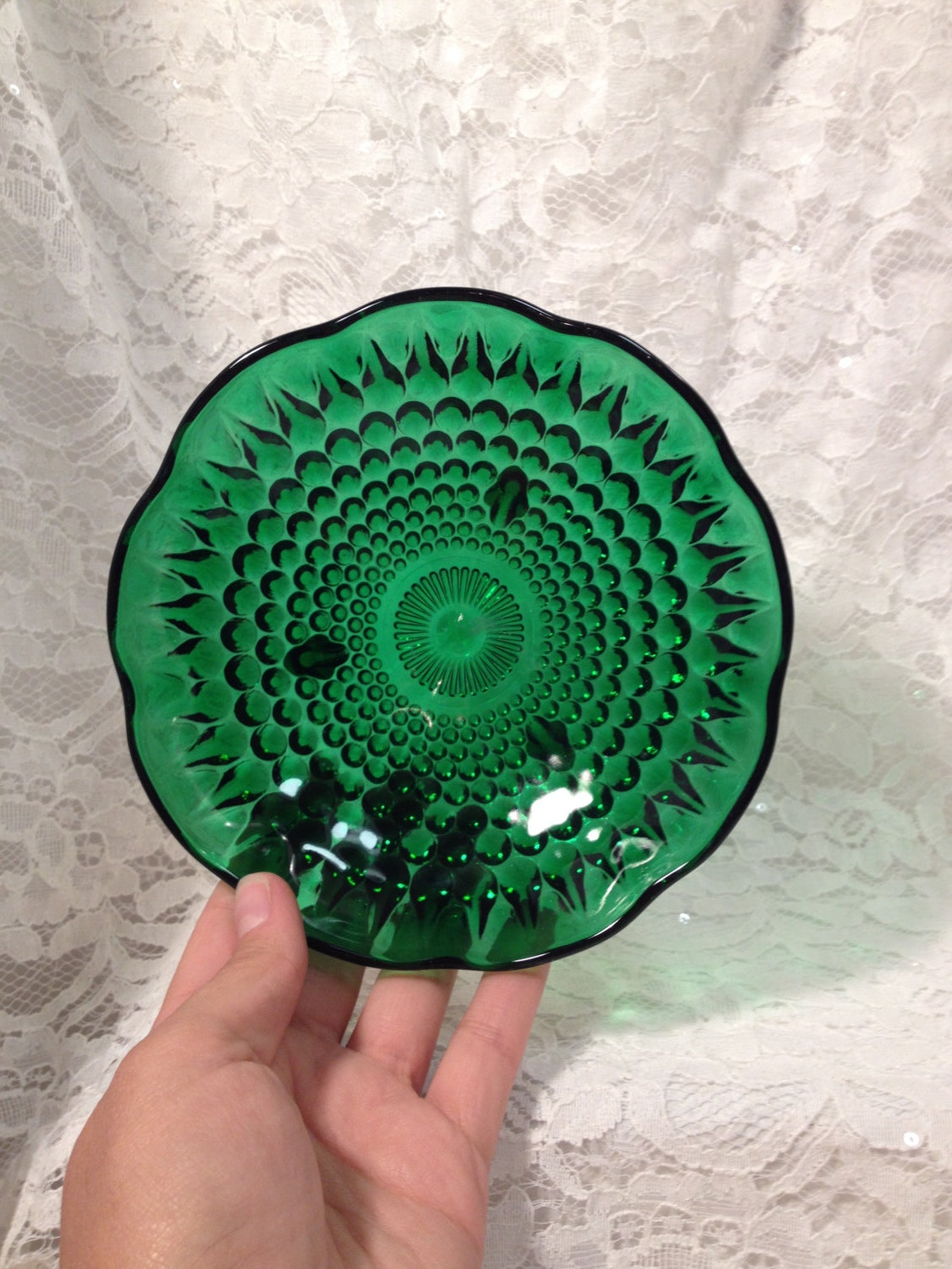 Emerald Green Hobnail Glass Candy Dish, Bowl by Anchor Hocking, Footed ...