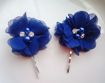 royal blue flower bobby pins, Fabric flower bobby pins, Royal blue hair ...