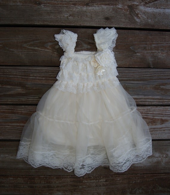 Items similar to Lace ivory flower girl dress. Rustic flowergirl dress ...