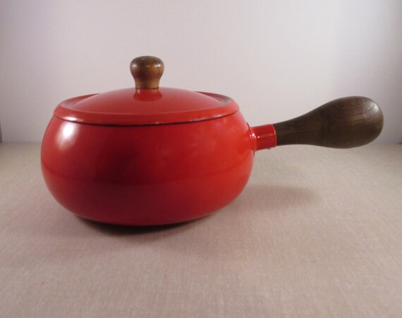 Vintage Red Enamel Pot with Wood Handle by ShopTheHyphenate