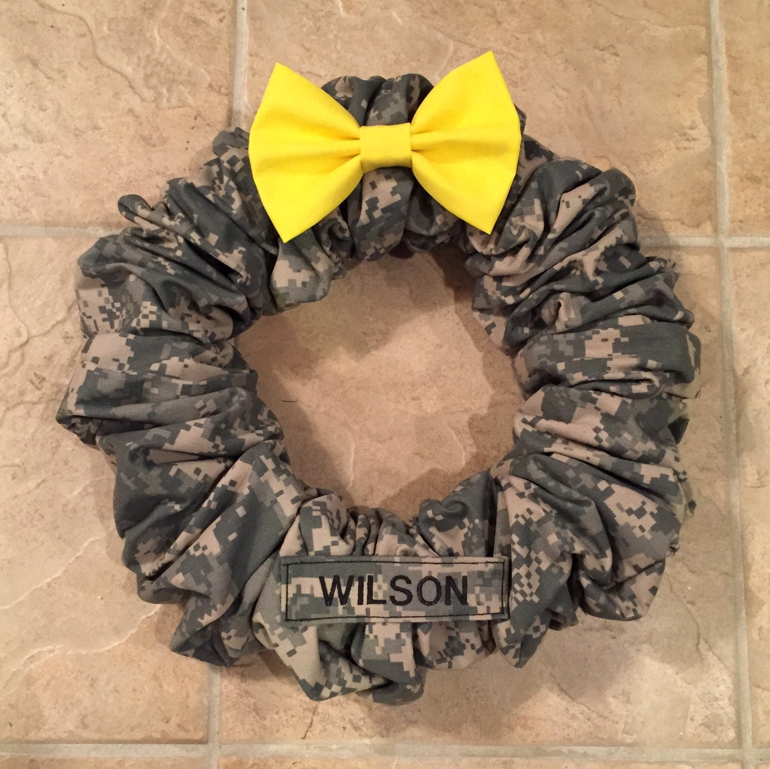 Year-Round Camo Support Our Troops Wreath with Yellow Bow and Name Tape (Army, Marines, US Navy, Air Force)