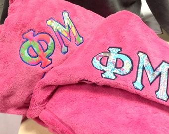 Custom Greek Sorority Plush Appliqued Blankets Made with Lilly Pulitzer Fabric