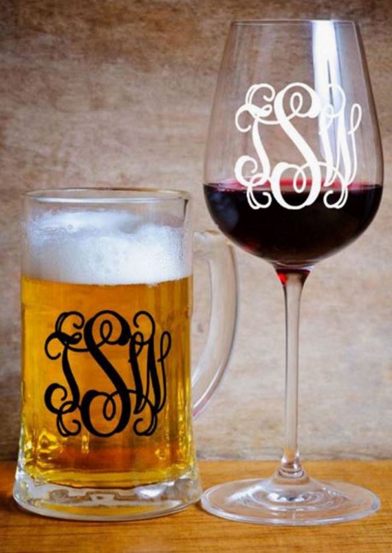 Items similar to Vine Monogram Decal Wine Glass Decal Wine Glass