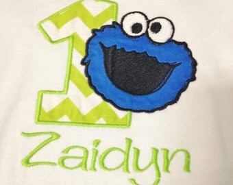 Cookie Monster Birthday Shirt or One Piece Bodysuit - Embroidered with Name and Number - Lime Green Chevron