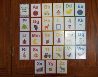 26 laminated Alphabet Flash Cards. Full color flash cards. Preschool learning activity for daycare children.