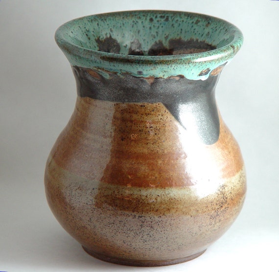 Large wide mouth Vase Tan and Aqua mint blue Sandstone by BWDArtCo