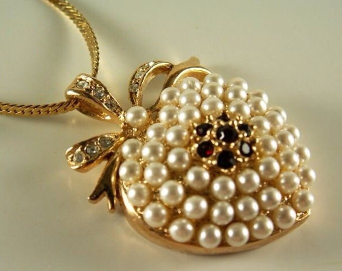 Storewide 25% Off SALE Vintage Charming Monet Pearl Heart Pendant with Rhinestone Trimmed Bale on Goldtone Chain