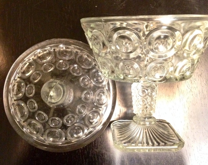 Storewide 25% Off SALE Vintage Circle Design Cut Glass Pedestal Candy Dish with Matching Lid & Designer Finial