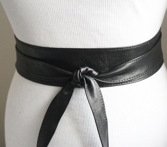 Black Soft Leather Thin Obi Belt Leather Coat Belt by LoveYaaYaa