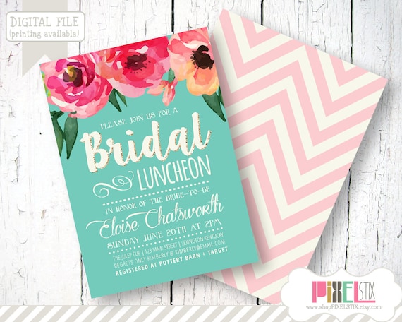 Trendy Watercolor Floral Bridal Luncheon Invitation - CUSTOMIZABLE PRINTABLE INVITATION - Watercolor Style Flowers with Teal and Cream