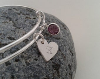 Sterling Silver Bracelet, Adjustable Sterling Silver Bangle, Swarovski Crystal Silver Bangle, Personalised Silver Heart Charm Bracelet.