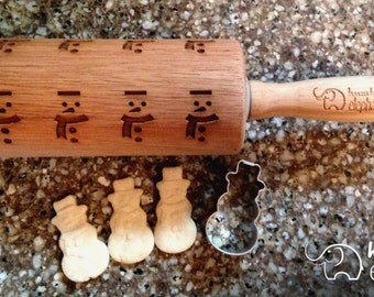 Snowman Embossing Rolling Pin, Laser Engraved Rolling Pin. Patterned Rolling Pin with Cookie Cutter