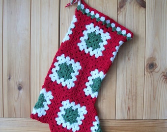 Crochet granny square Christmas Stocking, red, white and green, approx 20" long x 7" wide.