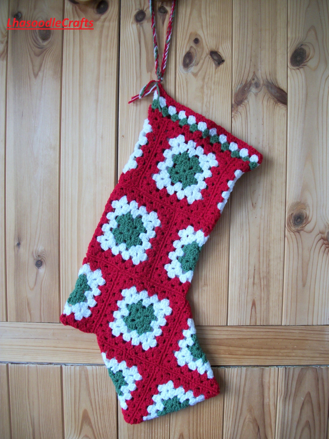 Crochet granny square Christmas Stocking red white and