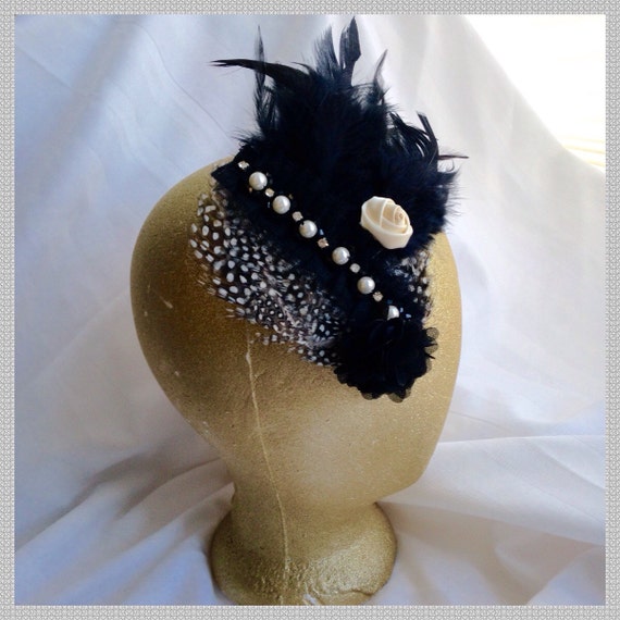 Items similar to Black Feather Fascinator Pearl Flower Crystal Hair